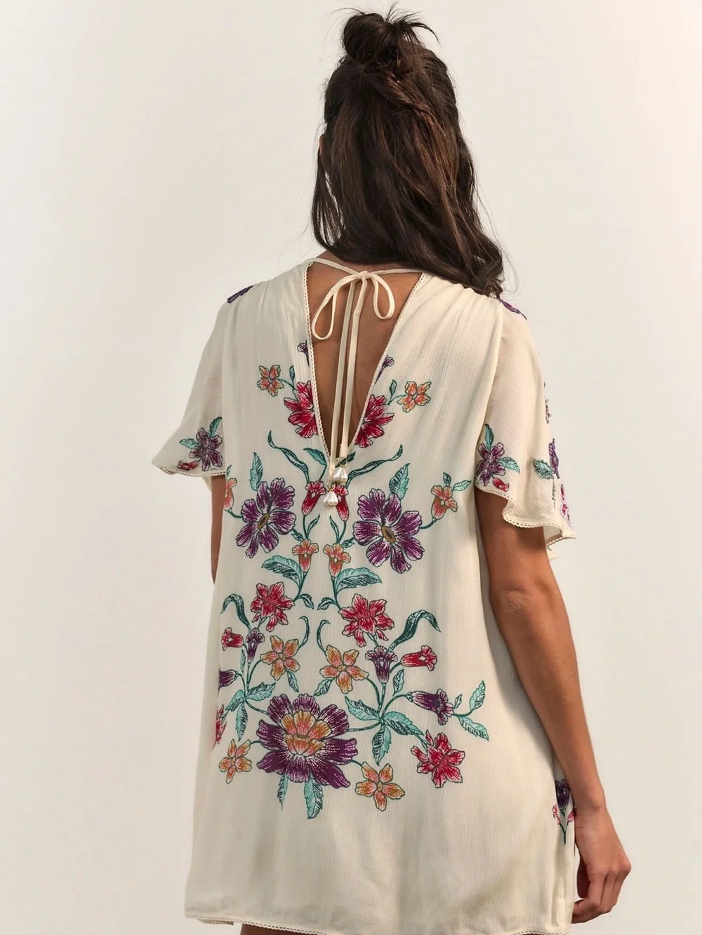 Free People Cream Embroidered Floral Shift Dress with Purple & Pink Accents